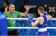 22 June 2015; Brendan Irvine, Ireland, with coach Billy Walsh, following his victory over Salman Alizada, Azerbaijan, during their Men's Boxing Light Fly 49kg Quarter Final bout. 2015 European Games, Crystal Hall, Baku, Azerbaijan. Picture credit: Stephen McCarthy / SPORTSFILE