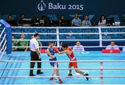 22 June 2015; Brendan Irvine, Ireland, left, exchanges punches with Salman Alizada, Azerbaijan, during their Men's Boxing Light Fly 49kg Quarter Final bout. 2015 European Games, Crystal Hall, Baku, Azerbaijan. Picture credit: Stephen McCarthy / SPORTSFILE