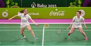 22 June 2015; Sara Boyle, left, and Rachael Darragh, Ireland, in action agtainst Mathilda Lindholm and Jenny Nystrom, Finland, during their Women's Badminton Doubles Group Stage match. 2015 European Games, Baku Sports Hall, Baku, Azerbaijan. Picture credit: Stephen McCarthy / SPORTSFILE