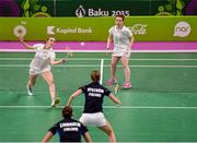 22 June 2015; Sara Boyle, left, and Rachael Darragh, Ireland, in action agtainst Mathilda Lindholm and Jenny Nystrom, Finland, during their Women's Badminton Doubles Group Stage match. 2015 European Games, Baku Sports Hall, Baku, Azerbaijan. Picture credit: Stephen McCarthy / SPORTSFILE