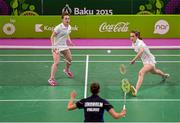 22 June 2015; Sara Boyle, right, and Rachael Darragh, Ireland, in action agtainst Mathilda Lindholm and Jenny Nystrom, Finland, during their Women's Badminton Doubles Group Stage match. 2015 European Games, Baku Sports Hall, Baku, Azerbaijan. Picture credit: Stephen McCarthy / SPORTSFILE