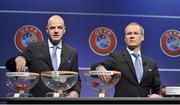 22 June 2015; UEFA General Secretary Gianni Infantino, left, and UEFA Competitions Coordinator Claudio Negroni during the UEFA 2015/16 Europa League First Qualifying Round Draw, where Shamrock Rovers were drawn against Progrés Niederkorn, Cork City were drawn against KR Reykjavík and UCD were drawn against F91 Dudelange. Picture credit: SPORTSFILE
