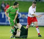 1 September 2008; Alan O'COnnor, Cork City in action against, Cliftonville goalkeeper, David Wells and Ciaran Donaghy. Setanta Sports Cup, Group One, Cliftonville v Cork City, Celtic Park, Belfast, Co. Antrim. Picture credit: Oliver McVeigh / SPORTSFILE