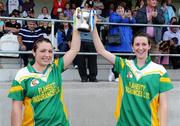 31 August 2008; Offaly captains Michaela Morkan, right and Alison Dooley, hold the cup aloft. All-Ireland Minor B Championship Final, Offaly v Waterford, Geraldine Park, Athy, Co. Kildare. Photo by Sportsfile