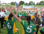 31 August 2008; Offaly captains Michaela Morkan, left, and Alison Dooley, hold the cup aloft. All-Ireland Minor B Championship Final, Offaly v Waterford, Geraldine Park, Athy, Co. Kildare. Photo by Sportsfile