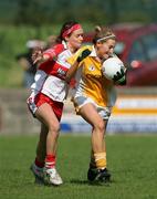 31 August 2008; Eimear Kelly, Antrim, in action against Mary Angela Conway, Derry. TG4 All-Ireland Ladies Junior Football Championship Semi-Final, Antrim v Derry, O'Rahilly Park, Mullaghbawn, Co. Armagh. Picture credit: Oliver McVeigh / SPORTSFILE