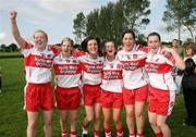 31 August 2008; Derry players Julie McLaughlin, Shauna Vallely, Kathy Conway, Claire Doherty, Una Harkin and Naoimi McMullan, celebrate after the game . TG4 All-Ireland Ladies Junior Football Championship Semi-Final, Antrim v Derry, O'Rahilly Park, Mullaghbawn, Co. Armagh. Picture credit: Oliver McVeigh / SPORTSFILE