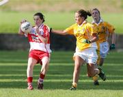 31 August 2008; Naomi McMullan, Derry, in action against Meagan Donnelly, Antrim. TG4 All-Ireland Ladies Junior Football Championship Semi-Final, Antrim v Derry, O'Rahilly Park, Mullaghbawn, Co. Armagh. Picture credit: Oliver McVeigh / SPORTSFILE