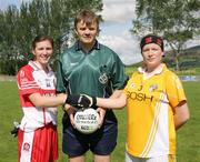 31 August 2008; Referee Joe Murray, Dublin with Derry Captain Louise Glass, left, and Roisin Keenan, Antrim. TG4 All-Ireland Ladies Junior Football Championship Semi-Final, Antrim v Derry, O'Rahilly Park, Mullaghbawn, Co. Armagh. Picture credit: Oliver McVeigh / SPORTSFILE