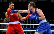 22 June 2015; Dean Gardiner, Ireland, right, exchanges punches with Tony Yoka, France, during their Men's Boxing Super Heavy +91kg Quarter Final bout. 2015 European Games, Crystal Hall, Baku, Azerbaijan. Picture credit: Stephen McCarthy / SPORTSFILE