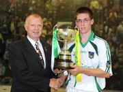 6 September 2008; Irish Handball President Tony Hannon presents Seamus O'Carroll, Limerick, with the Corn Comhairle na Mumhan. The M. Donnelly All-Ireland 60x30 Handball Minor Singles Final, Seamus O'Carroll, Limerick, v Gary McConnell, Meath, Handball Alley, Croke Park, Dublin. Photo by Sportsfile