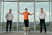 16 June 2015; Dublin football star Michael Darragh MacAuley with eircom GAA ambassadors Brendan Devenney, left, and David Brady in eircom’s head office in Dublin to launch their online platform for supporters of this summer’s GAA Football All-Ireland Senior Championship. The GAA hub, www.eircom.ie/gaa, will see the introduction of a new feature where fans can record and share their views on players throughout the championship via a new audio social network BOAST and be in with a chance to win tickets to the All-Ireland Senior Football Final. #shoutitout. eircom Head Office, HSQ, Dublin. Picture credit: Brendan Moran / SPORTSFILE