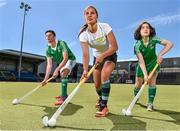 25 June 2015; SUBWAY® Stores franchisees all over Ireland will be encouraged to get behind their local school hockey teams this coming season as the brand becomes the title sponsor of the SUBWAY® All Ireland School boys and School girls championships. In addition, SUBWAY® Stores are also new secondary kit sponsors of the U18 Irish International boys and girls teams as a partner of Hockey Ireland. Pictured at the announcement are Ireland International Under-18 stars Lena Tice, centre, Ziggy Agnew, left, and Emma Canning. UCD, Dublin. Picture credit: Cody Glenn / SPORTSFILE