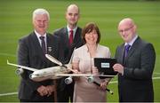 24 June 2015; GAAGO, the GAA and RTÉ’s online streaming service for Gaelic Games outside of Ireland, today welcomed Etihad Airways on board as sponsor of its international live streaming of the GAA Championship 2015. Pictured at the launch are Beatrice Cosgrove, General Manager Ireland, Etihad Airways, with from left, Uachtarán Chumann Lúthchleas Gael Aogán Ó Fearghail, Noel Quinn, Media Rights Manager GAA, and Dónal Moriarty, Product Leader GAAGO. Croke Park, Dublin. Picture credit: Ray McManus / SPORTSFILE