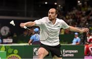 25 June 2015; Scott Evans, Ireland, in action against Blagovest Kisyov, Hungary, during their Men's Badminton Singles Round of 16 match. 2015 European Games, Baku Aquatics Centre, Baku Sports Hall, Baku, Azerbaijan. Picture credit: Stephen McCarthy / SPORTSFILE