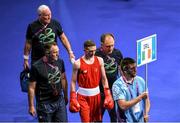 25 June 2015; Brendan Irvine, Ireland, accompanied by coaches Gerry Storey, Billy Walsh and Zaur Antia before his Men's Boxing Light Fly 49kg Final bout with Bator Sagaluev, Russia. 2015 European Games, Crystal Hall, Baku, Azerbaijan. Picture credit: Stephen McCarthy / SPORTSFILE