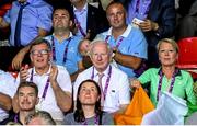 26 June 2015; EOC President and Olympic Council of Ireland President Pat Hickey, centre, accompanied by his wife Sylviane and Vice President of the Olympic Council of Ireland William O'Brien, left, during the Women's Boxing Light 60kg Semi-Final bout between  Katie Taylor, Ireland, and Yana Alekseevna, Azerbaijan. 2015 European Games, Crystal Hall, Baku, Azerbaijan. Picture credit: Stephen McCarthy / SPORTSFILE