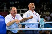 26 June 2015; Team Ireland coaches Zaur Antia, left, and Pete Taylor react to Katie Taylor being declared victorious following her Women's Boxing Light 60kg Semi-Final bout with Yana Alekseevna, Azerbaijan. 2015 European Games, Crystal Hall, Baku, Azerbaijan. Picture credit: Stephen McCarthy / SPORTSFILE
