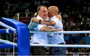 26 June 2015; Team Ireland coaches Zaur Antia, left, and Pete Taylor react to Katie Taylor being declared victorious following her Women's Boxing Light 60kg Semi-Final bout with Yana Alekseevna, Azerbaijan. 2015 European Games, Crystal Hall, Baku, Azerbaijan. Picture credit: Stephen McCarthy / SPORTSFILE