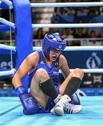 26 June 2015; Bugar Tasheena, Germany, picks herself up from the canvas during her Women's Boxing Light 60kg Semi-Final bout with Estelle Mossely, France. 2015 European Games, Crystal Hall, Baku, Azerbaijan. Picture credit: Stephen McCarthy / SPORTSFILE