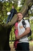 26 June 2015; Current Irish Rugby stars Ian Madigan and Nora Stapleton joined Alan Kerins, Alan Kerins Projects, Denis Hickie, patron to Gorta-Self Help Africa, Tony Ward and Ollie Campbell, former Irish rugby players, in St. Stephen’s Green today to launch the Caps to the Summit event. A two day event  that will see 32 former Irish rugby heroes hike to the summit of Ireland’s highest mountain, Carrauntuohil in September to raise money for the Alan Kerins Projects and Gorta-Self Help Africa. Further information available at: www.capstothesummit.com. Pictured are Ireland international Ian Madigan, right, and former Galway hurler Alan Kerins. St. Stephen’s Green, Dublin. Picture credit: David Maher / SPORTSFILE