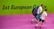 26 June 2015; Joshua Magee, right, and Sam Magee, Ireland, leave the field of play after being defeated by Vladimir Ivanov and Ivan Sozonov, Russia, during their Men's Badminton Doubles Semi-Final match. 2015 European Games, Baku Sports Hall, Baku, Azerbaijan. Picture credit: Stephen McCarthy / SPORTSFILE
