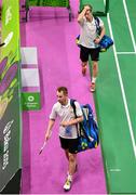 26 June 2015; Sam Magee and Joshua Magee, Ireland, leave the field of play after being defeated by Vladimir Ivanov and Ivan Sozonov, Russia, during their Men's Badminton Doubles Semi-Final match. 2015 European Games, Baku Sports Hall, Baku, Azerbaijan. Picture credit: Stephen McCarthy / SPORTSFILE