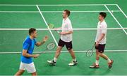 26 June 2015; Sam Magee, left, and Joshua Magee, Ireland, leave the field of play after being defeated by Vladimir Ivanov and Ivan Sozonov, Russia, during their Men's Badminton Doubles Semi-Final match. 2015 European Games, Baku Sports Hall, Baku, Azerbaijan. Picture credit: Stephen McCarthy / SPORTSFILE