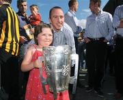 8 September 2008; Kilkenny's James 'Cha' Fitzpatrick with five year old Ellen Sheehy, from Limerick, and the Liam MacCarthy Cup during a visit to Our Lady's Hospital for Sick Chidren in Crumlin. Crumlin, Co. Dublin. Picture credit: Pat Murphy / SPORTSFILE