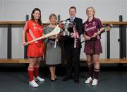 9 September 2008; Cork captain Catriona Foley, left and Galway captain Sinead Cahalan with President of the Camogie Association Liz Howard and Gary Desmond, CEO of Gala during a Gala All-Ireland Senior and Junior Camogie Championship Finals Photocall. Croke Park, Dublin. Picture credit; Paul Mohan / SPORTSFILE