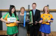 9 September 2008; Offaly captain Marion Crean, left, and Clare captain Deirdre Murphy, right, with President of the Camogie Association Liz Howard and Gary Desmond, CEO of Gala during a Gala All-Ireland Senior and Junior Camogie Championship Finals Photocall. Croke Park, Dublin. Picture credit; Paul Mohan / SPORTSFILE