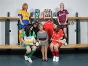 9 September 2008; Offaly captain Marion Crean, left, Clare captain Deirdre Murphy, back left, Cork captain Caitriona Foley, right, and Galway captain Sinead Cahalan, back right, with President of the Camogie Association Liz Howard during a Gala All-Ireland Senior and Junior Camogie Championship Finals Photocall. Croke Park, Dublin. Picture credit; Paul Mohan / SPORTSFILE