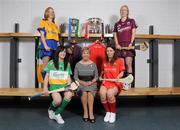9 September 2008; Offaly captain Marion Crean, left, Clare captain Deirdre Murphy, back left, Cork captain Caitriona Foley, right, and Galway captain Sinead Cahalan, back right, with President of the Camogie Association Liz Howard during a Gala All-Ireland Senior and Junior Camogie Championship Finals Photocall. Croke Park, Dublin. Picture credit; Paul Mohan / SPORTSFILE