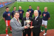 10 September 2008; Nickey Brennan, GAA President, with Pat Lambe, left, Chairman of Kilmacud Crokes Football Committee, and Tony Towell, Managing Director of O'Neills with the football 7's cup and GAA Inter County players Sean Cavanagh, Tyrone, Adrian Morrissey, Wexford, Mark Vaughan, Dublin, Johnny Magee, Dublin, Kevin Nolan, Dublin and Liam McBarron, Fermanagh, at the launch of the O’Neills GAA Football 7’s. Croke Park, Dublin. Picture credit: Matt Browne / SPORTSFILE