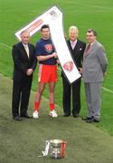 10 September 2008; Sean Cavanagh, Tyrone, with, from left, former Kerry player Mickey Sheehy, Tony Towell, Managing Director of O'Neills and Pat Lambe, Chairman of Kilmacud Crokes Football Committee, at the launch of the O’Neills GAA Football 7’s. Croke Park, Dublin. Picture credit: Matt Browne / SPORTSFILE