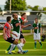26 June 2015; Karl Sheppard, Cork City, in action against Shaun Kelly and Ronan Curtis, Derry City. SSE Airtricity League Premier Division, Derry City v Cork City, Brandywell, Derry. Picture credit: Oliver McVeigh / SPORTSFILE