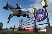 26 June 2015; Bertram Allen of Co. Wexford competing on Thriller P in The Underwriting Exchange Limited &quot;Jumping In The City&quot; Grand Prix during the Final Leg of Jumping In The City. Shelbourne Park Greyhound Stadium, Ringsend, Dublin. Picture credit: Cody Glenn / SPORTSFILE