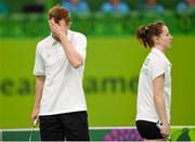 27 June 2015; Sam Magee and Chloe Magee, Ireland,  during their Badminton Mixed Doubles Semi-Final match against Audrey Fontaine and Gaetan Mittelheisser, France. 2015 European Games, Baku Sports Hall, Baku, Azerbaijan. Picture credit: Stephen McCarthy / SPORTSFILE