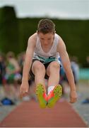 27 June 2015; Adam Millea, Clane A.C., Co. Kildare, competing in the U10 Boys Long Jump at the GloHealth Juvenile Team Competition. Harriers Stadium, Tullamore, Co. Offaly. Picture credit: Sam Barnes / SPORTSFILE