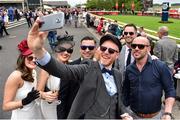 27 June 2015; Dave O'Reilly, Newbridge, Co. Kildare, snaps a selfie with his friends. Curragh Derby Festival. The Curragh, Co. Kildare. Picture credit: Cody Glenn / SPORTSFILE