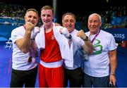 27 June 2015; Michael O'Reilly, Ireland, with coaches, from left, Billy Walsh, Zaur Antia and Gerry Storey after victory over Zaybula Musalov, Azerbaijan, following their Men's Boxing Middle 75kg Final bout. 2015 European Games, Crystal Hall, Baku, Azerbaijan. Picture credit: Stephen McCarthy / SPORTSFILE