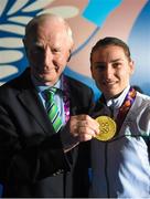 27 June 2015; Katie Taylor, Ireland, with EOC President and Olympic Council of Ireland President Pat Hickey after being presented with her Women's Boxing Light 60kg Final gold medal. 2015 European Games, Crystal Hall, Baku, Azerbaijan. Picture credit: Stephen McCarthy / SPORTSFILE