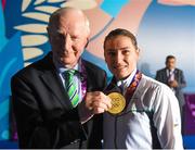 27 June 2015; Katie Taylor, Ireland, with EOC President and Olympic Council of Ireland President Pat Hickey after being presented with her Women's Boxing Light 60kg Final gold medal. 2015 European Games, Crystal Hall, Baku, Azerbaijan. Picture credit: Stephen McCarthy / SPORTSFILE
