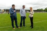 27 June 2015; Sky TV GAA presenter Rachel Wyse, right, along with GAA Pundits Darragh O'Se and Jim McGuinness, during their rehearsals before  the game. Ulster GAA Football Senior Championship, Semi-Final, Derry v Donegal. St Tiernach's Park, Clones, Co. Monaghan. Picture credit: Oliver McVeigh / SPORTSFILE