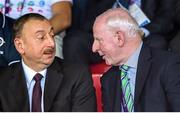 27 June 2015; Ilham Aliyev, the President of Azerbajian, in conversation with EOC President and Olympic Council of Ireland President Pat Hickey ahead of the Women's Boxing Light 60kg Final bout between Katie Taylor, Ireland, and Estelle Mossely, France. 2015 European Games, Crystal Hall, Baku, Azerbaijan. Picture credit: Stephen McCarthy / SPORTSFILE