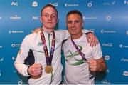 27 June 2015; Michael O'Reilly, Ireland, with coach Billy Walsh, after being presented with his Men's Boxing Middle 75kg gold medal. 2015 European Games, Crystal Hall, Baku, Azerbaijan. Picture credit: Stephen McCarthy / SPORTSFILE