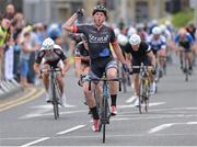 27 June 2015; Aidan Crowley, STRATA3/VeloRevolution Racing Team, celebrates winning the M40 event during the National Road Race Cycling Championships. Omagh, Co. Tyrone. Picture credit: Stephen McMahon / SPORTSFILE