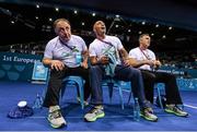 27 June 2015; Team Ireland coaches, Zaur Antia, Pete Taylor and Billy Walsh react during the Women's Boxing Light 60kg Final bout between Katie Taylor, Ireland, and Estelle Mossely, France. 2015 European Games, Crystal Hall, Baku, Azerbaijan. Picture credit: Stephen McCarthy / SPORTSFILE