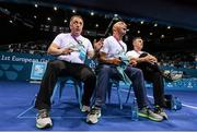 27 June 2015; Team Ireland coaches, Zaur Antia, Pete Taylor and Billy Walsh react during the Women's Boxing Light 60kg Final bout between Katie Taylor, Ireland, and Estelle Mossely, France. 2015 European Games, Crystal Hall, Baku, Azerbaijan. Picture credit: Stephen McCarthy / SPORTSFILE