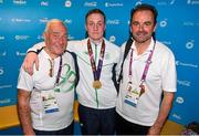 27 June 2015; Michael O'Reilly, Ireland, with coach Gerry Storey and Team Ireland Deputy Chef de Mission Stephen Martin after being presented with his Men's Boxing Middle 75kg gold medal. 2015 European Games, Crystal Hall, Baku, Azerbaijan. Picture credit: Stephen McCarthy / SPORTSFILE